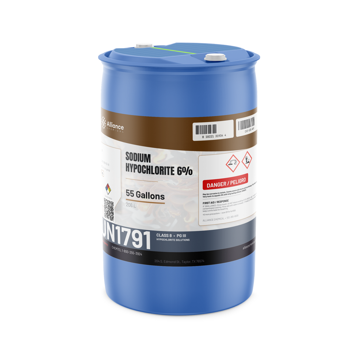 Sodium Hypochlorite 6% Technical Grade in a 55-gallon blue drum, Alliance Chemical for pool maintenance and water treatment