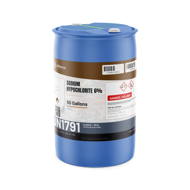 Sodium Hypochlorite 6% Technical Grade in a 55-gallon blue drum, Alliance Chemical for pool maintenance and water treatment