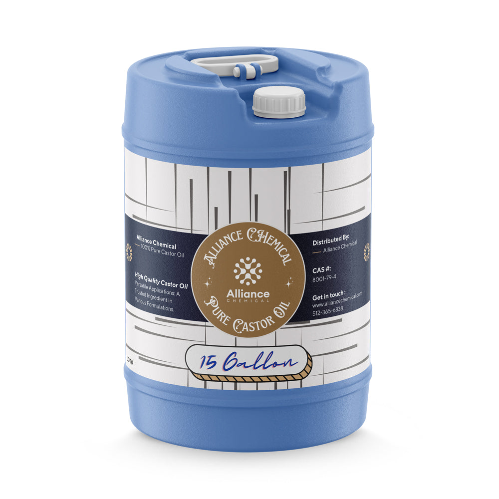 15-gallon industrial castor oil in blue HDPE drum container with Alliance Chemical branding, white labeling and CAS identification.