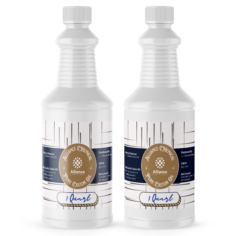 1-quart white HDPE bottles of Alliance Chemical pure castor oil with ribbed design, screw caps, and industrial labeling with CAS information.