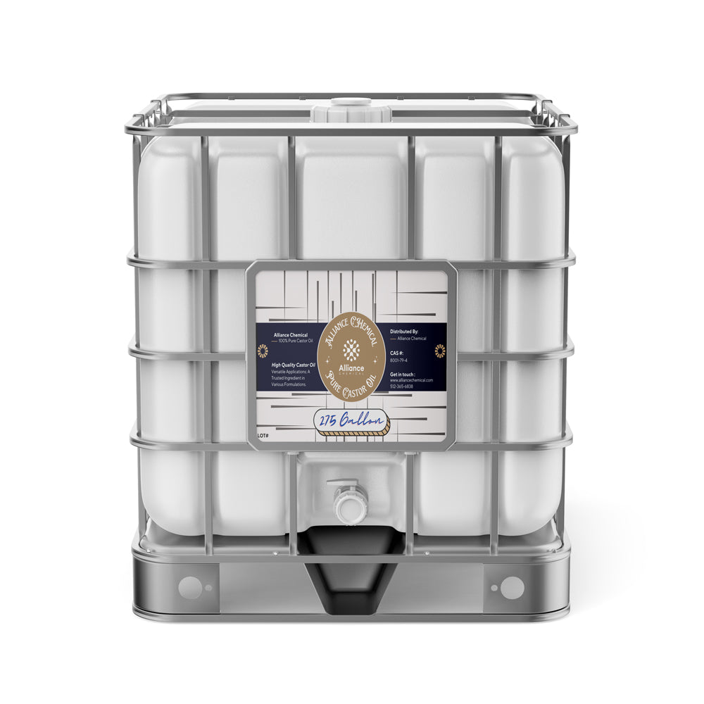 275-gallon IBC tote of pure castor oil in white intermediate bulk container with metal cage, Alliance Chemical label, bottom discharge valve.