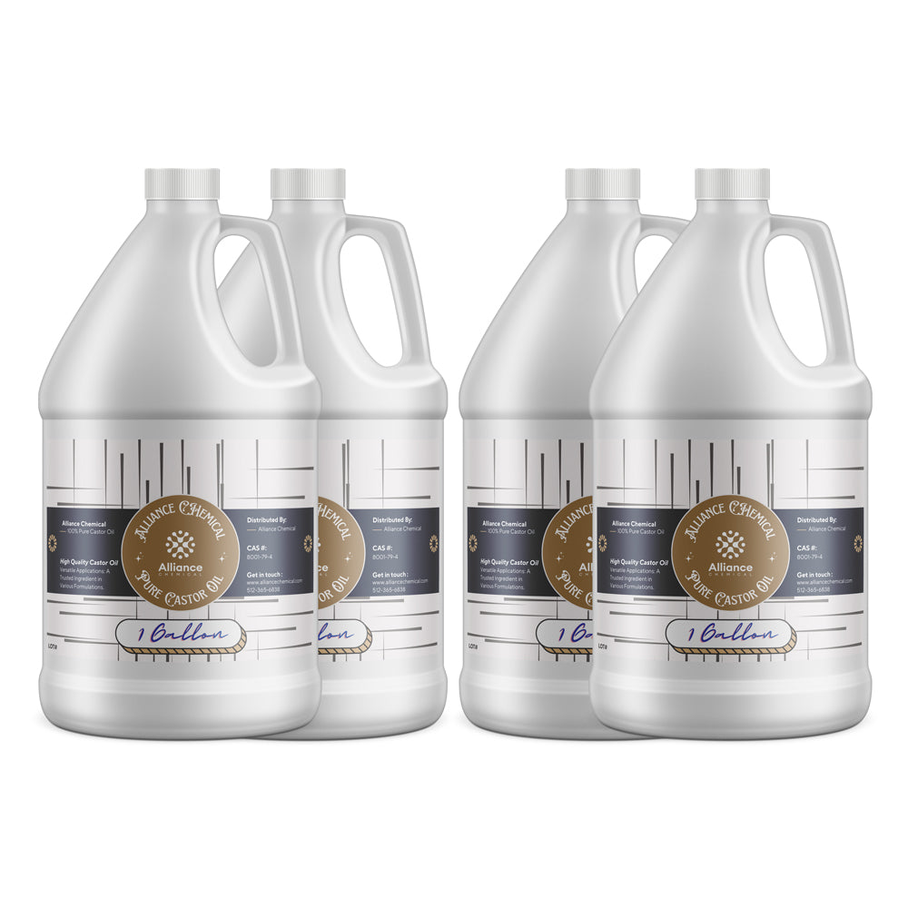 4-gallon set of pure castor oil in white HDPE jugs with screw caps, Alliance Chemical branded, industrial-grade containers with measurement markers.