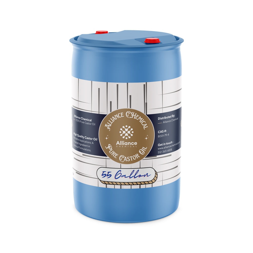 55-gallon blue industrial drum of pure castor oil by Alliance Chemical, featuring double-sealed lid with red caps and CAS#8001-79-4 labeling.