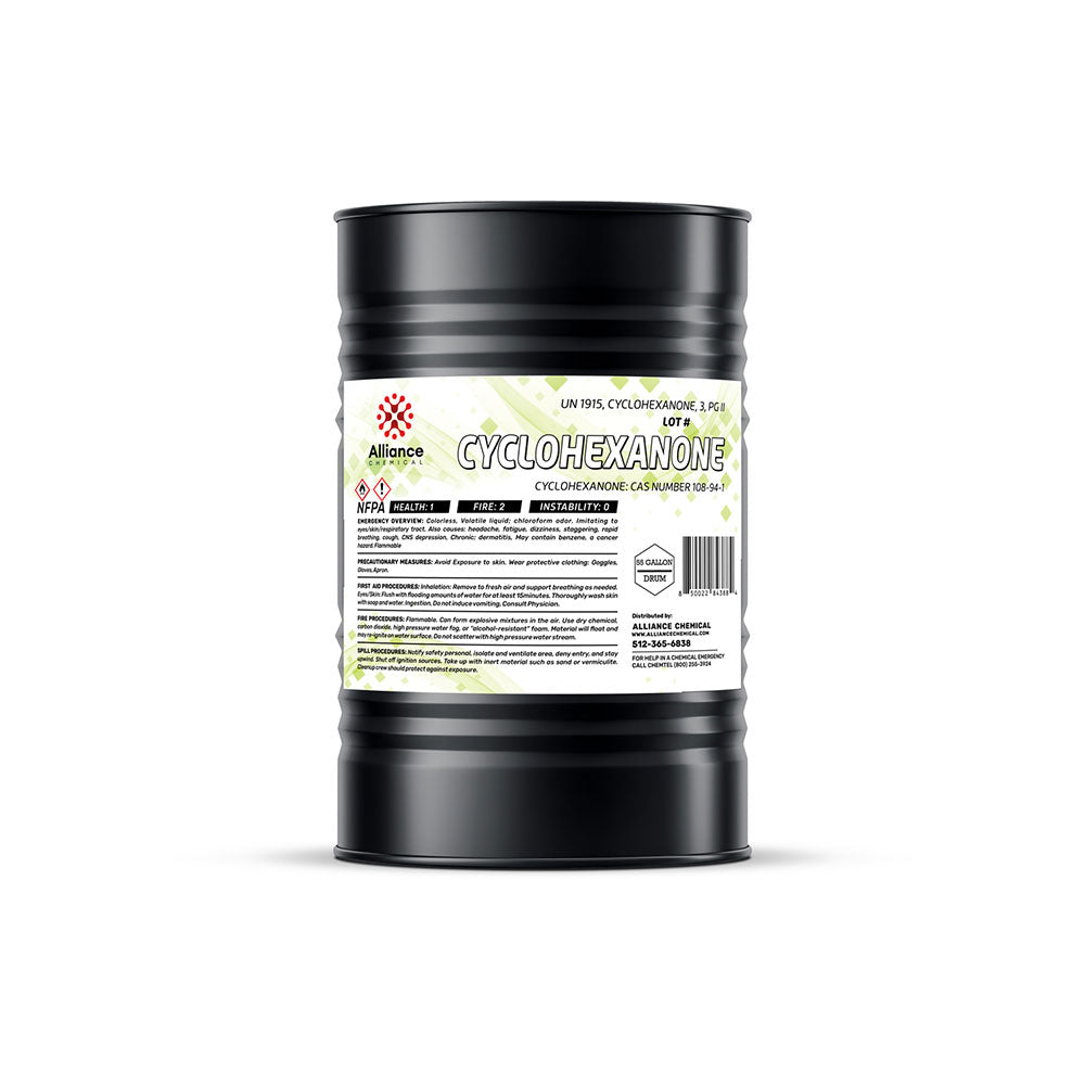 55-gallon black steel drum of Cyclohexanone ACS grade chemical, labeled with NFPA diamond (Health:1, Fire:2, Instability:0) and Alliance Chemical branding.