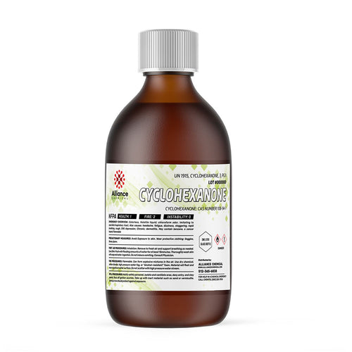 Quart amber glass bottle of Cyclohexanone ACS grade solvent with NFPA diamond, hazard warnings and Alliance Chemical