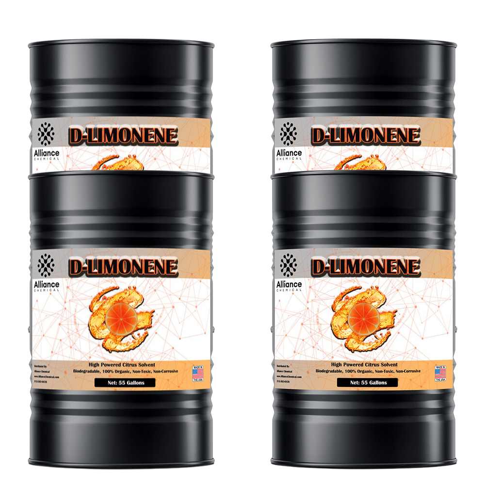 220-gallon (4x55-gal drums) D-Limonene USP-grade citrus solvent, biodegradable and non-toxic, in black industrial drums