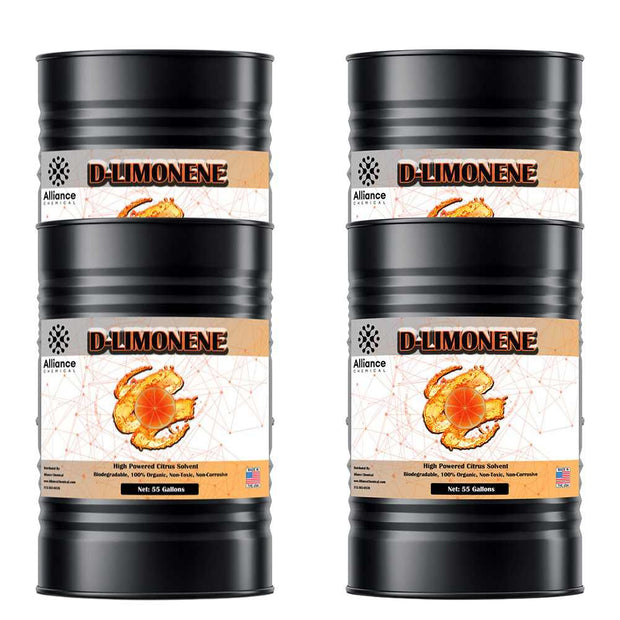 220-gallon (4x55-gal drums) D-Limonene USP-grade citrus solvent, biodegradable and non-toxic, in black industrial drums