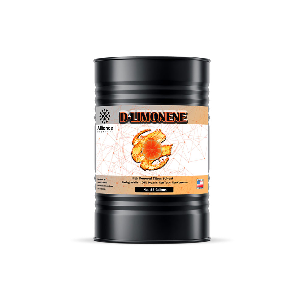 55-gallon black drum of D-Limonene citrus solvent, biodegradable industrial degreaser with orange peel extract, non-toxic/non-corrosive labeling.