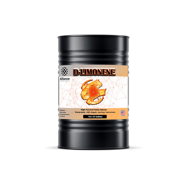 One 55-gallon steel drum of Alliance Chemical D-Limonene 94% Food Grade with a product label.