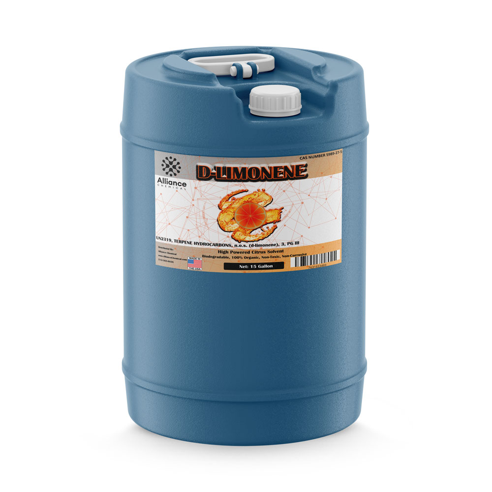 15-gallon blue HDPE carboy of USP-grade D-Limonene terpene solvent by Alliance Chemical, featuring citrus extract label and secure cap system.