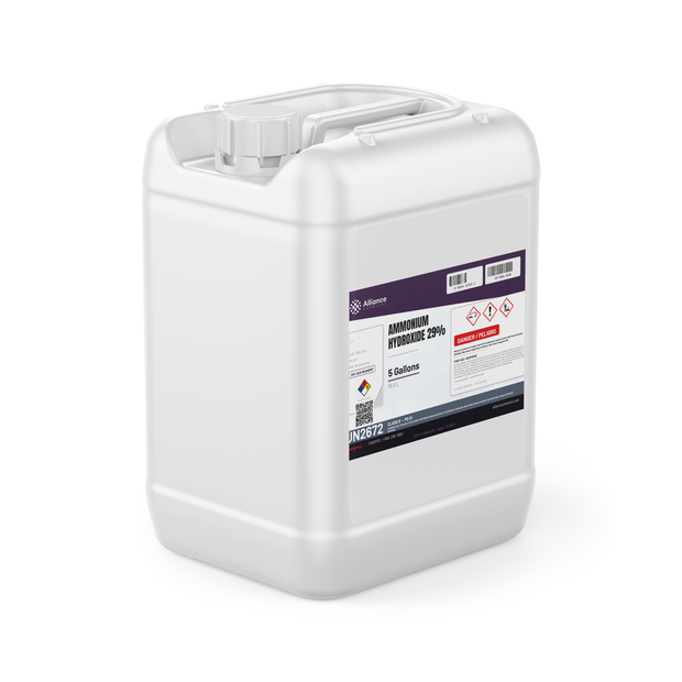 Ammonium Hydroxide 29% ACS Grade in a 5-gallon jerry can from Alliance Chemical for lab analysis and chemical synthesis
