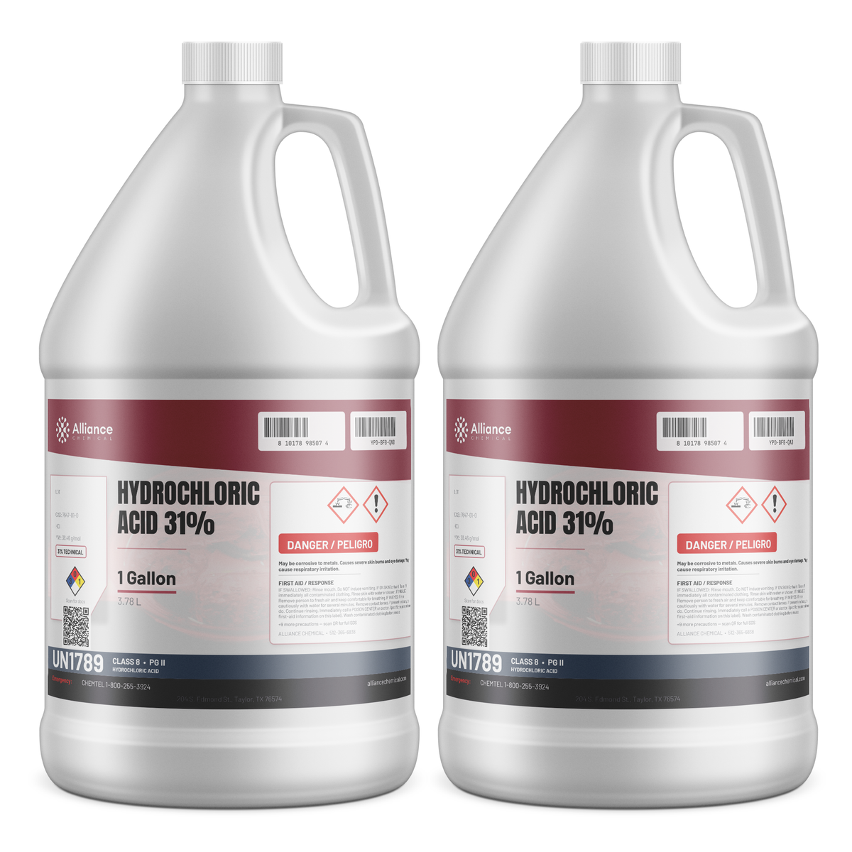 Hydrochloric Acid 31% Technical Grade in two 1-gallon jugs from Alliance Chemical for steel pickling and pH adjustment