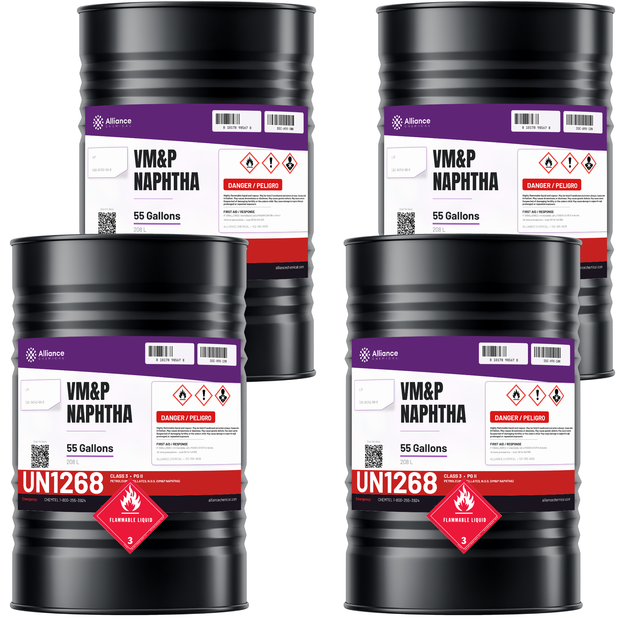 VM&P Naphtha technical grade four 55-gallon drums Alliance Chemical for industrial paint thinning and metal degreasing