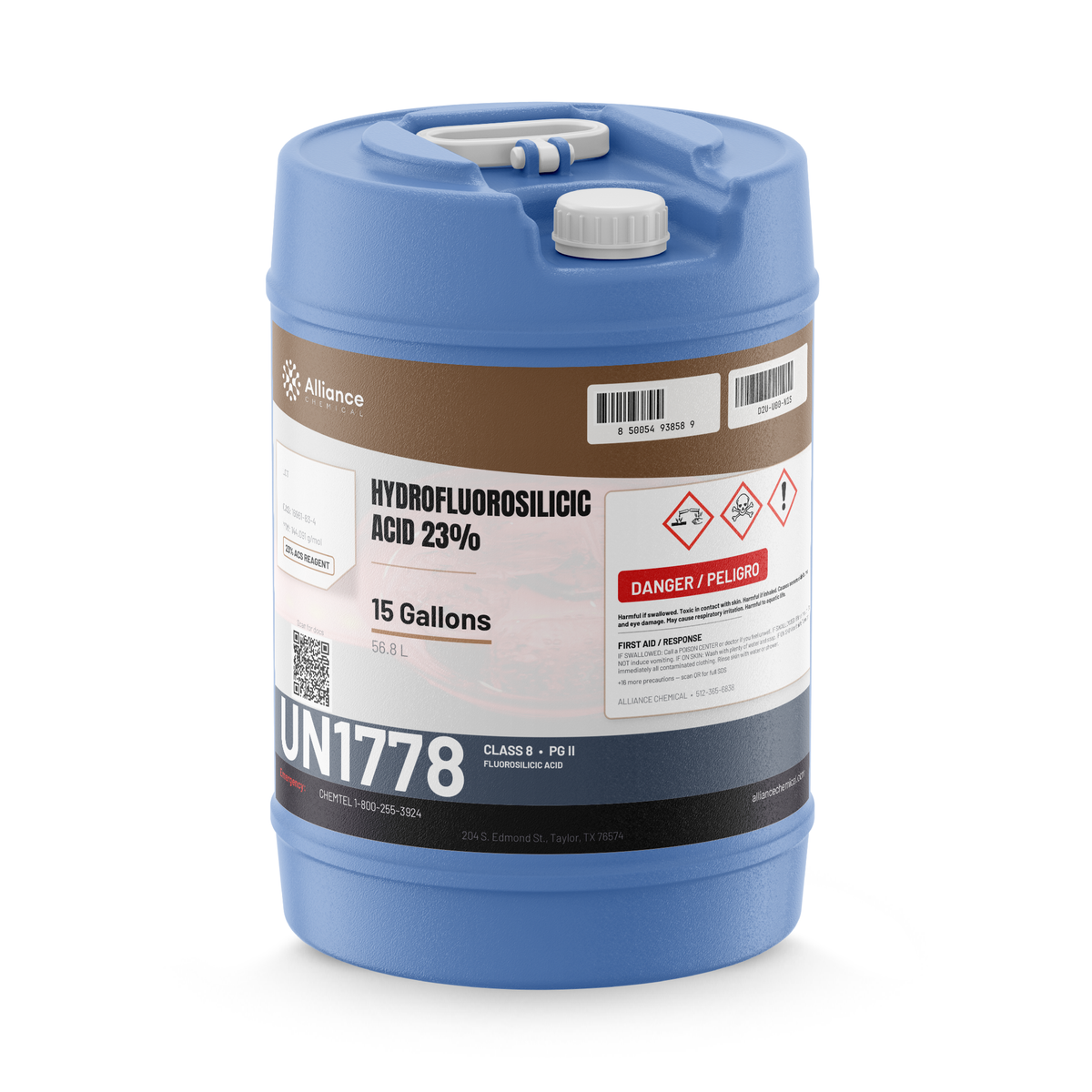 Hydrofluorosilicic Acid 23% ACS Reagent Grade in a 15-gallon blue plastic carboy, Alliance Chemical