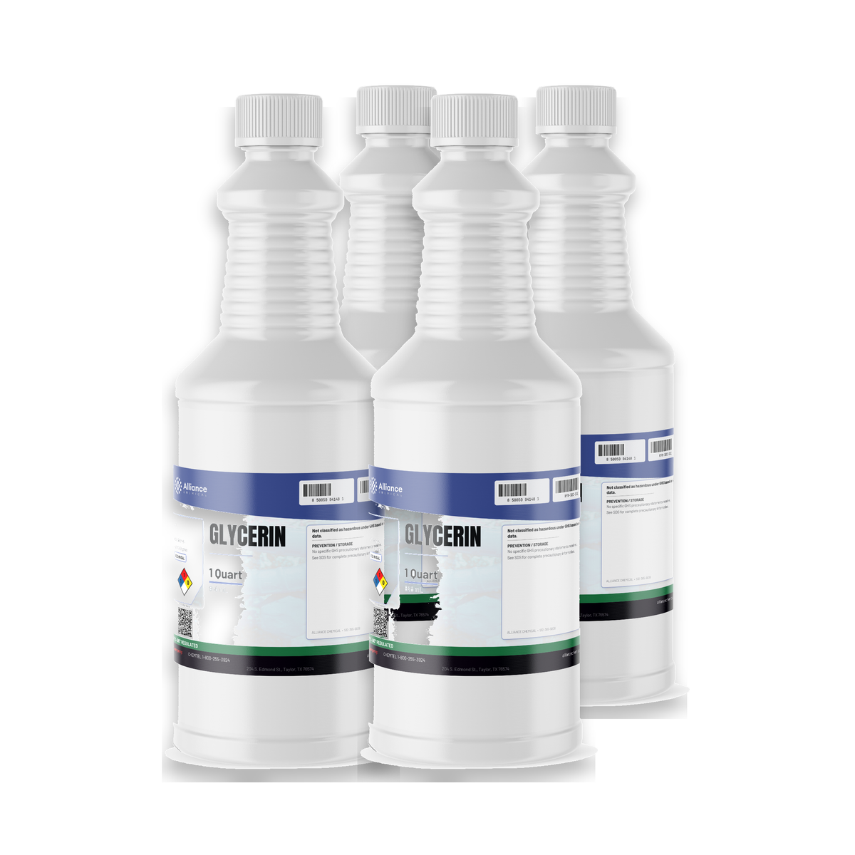 Glycerin Technical Grade in four 1-quart white plastic bottles, Alliance Chemical