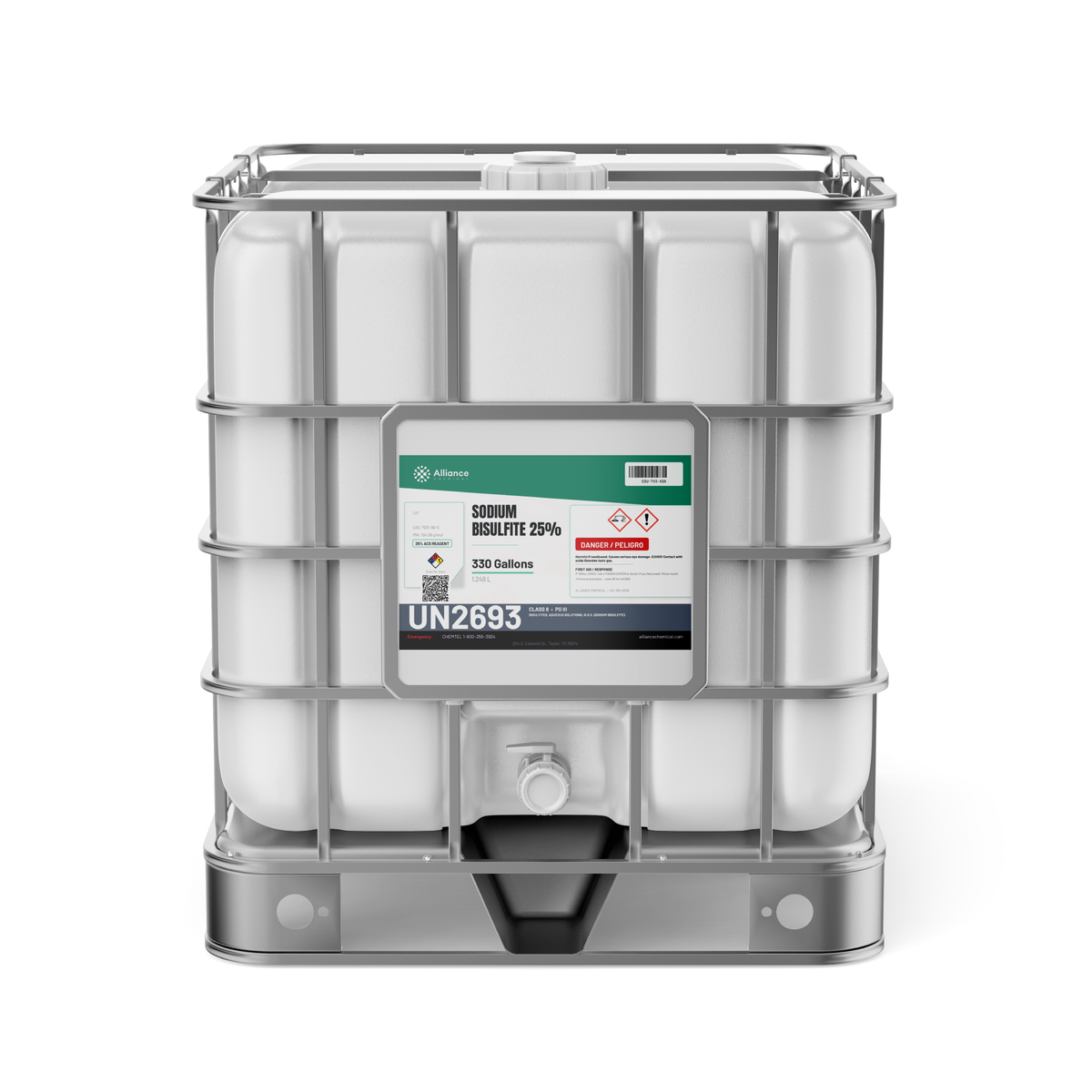 Sodium bisulfite 25% ACS reagent grade in a 330-gallon caged plastic IBC tote from Alliance Chemical