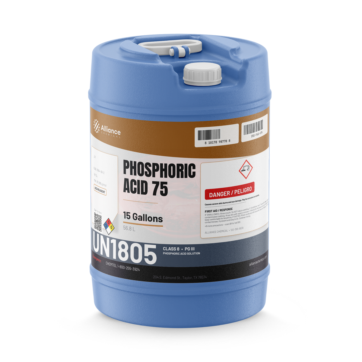Phosphoric acid 75% ACS reagent grade in a 15-gallon blue plastic carboy, Alliance Chemical