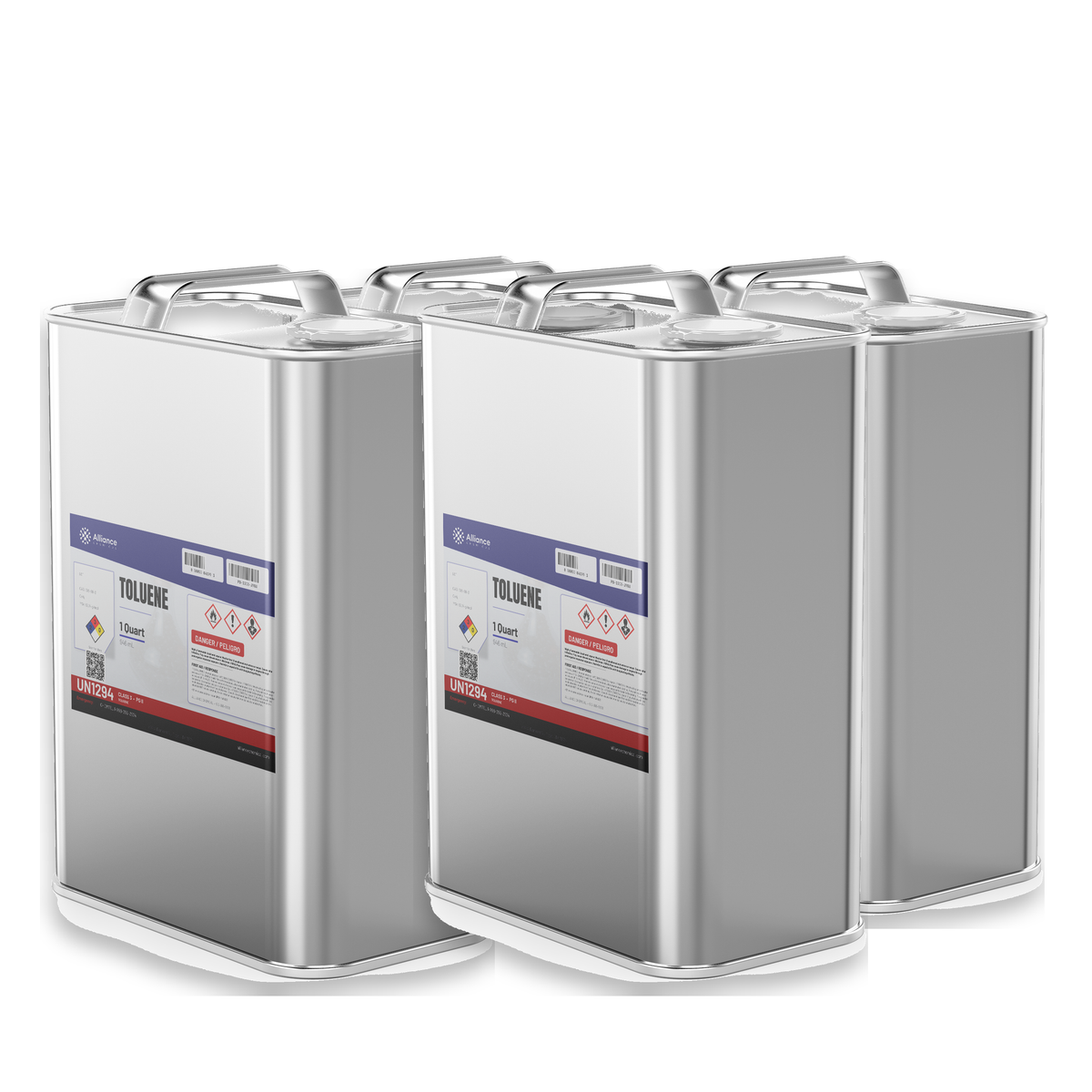 Toluene 99.5% technical grade, four 1-quart metal cans for paint thinners and lacquers, Alliance Chemical