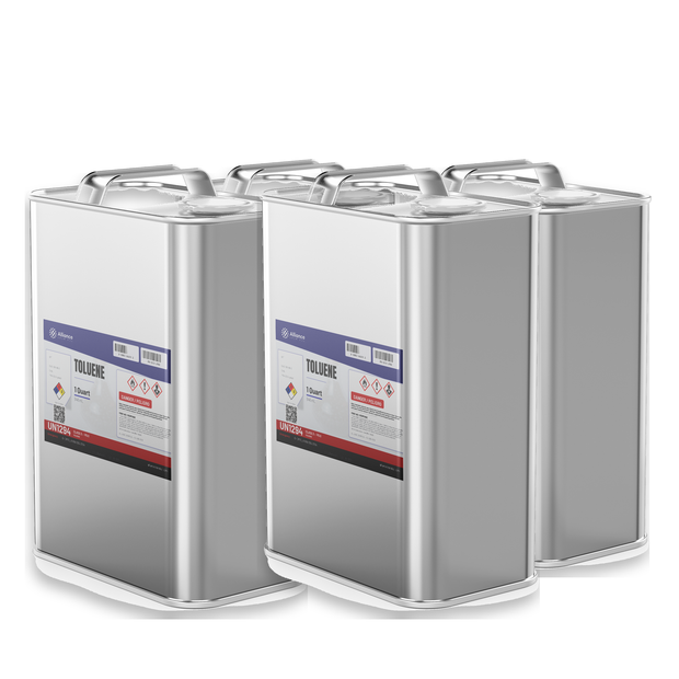 Toluene 99.5% technical grade, four 1-quart metal cans for paint thinners and lacquers, Alliance Chemical