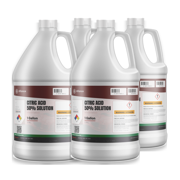 Citric acid 50% solution, four 1-gallon plastic jugs for industrial descaling and pH adjustment, Alliance Chemical