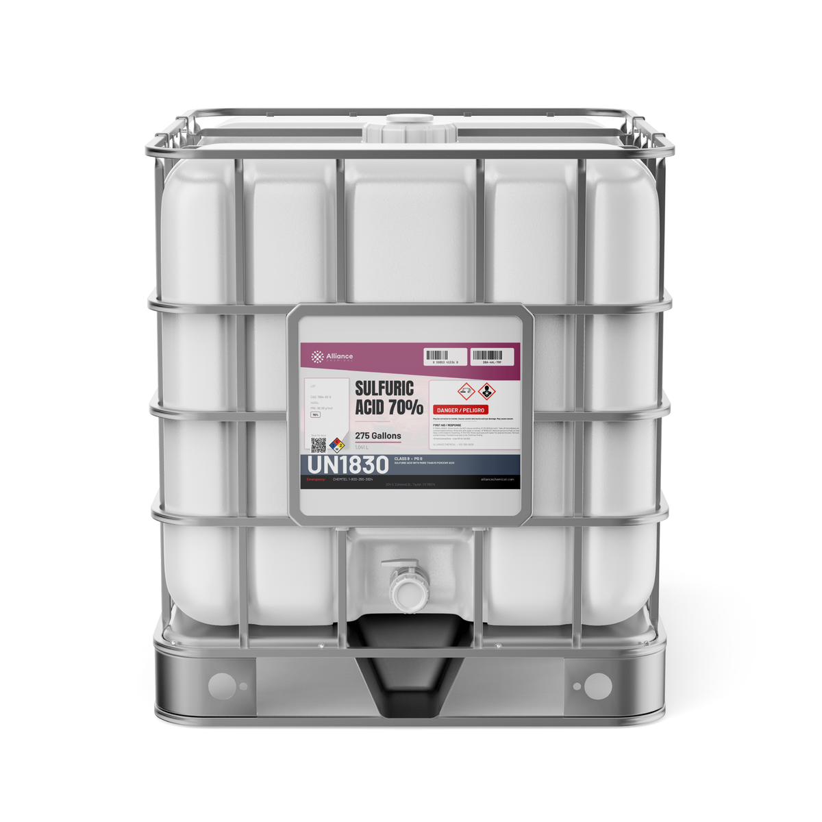 Sulfuric Acid 70% Technical Grade in a 275-gallon IBC tote, Alliance Chemical for pH neutralization
