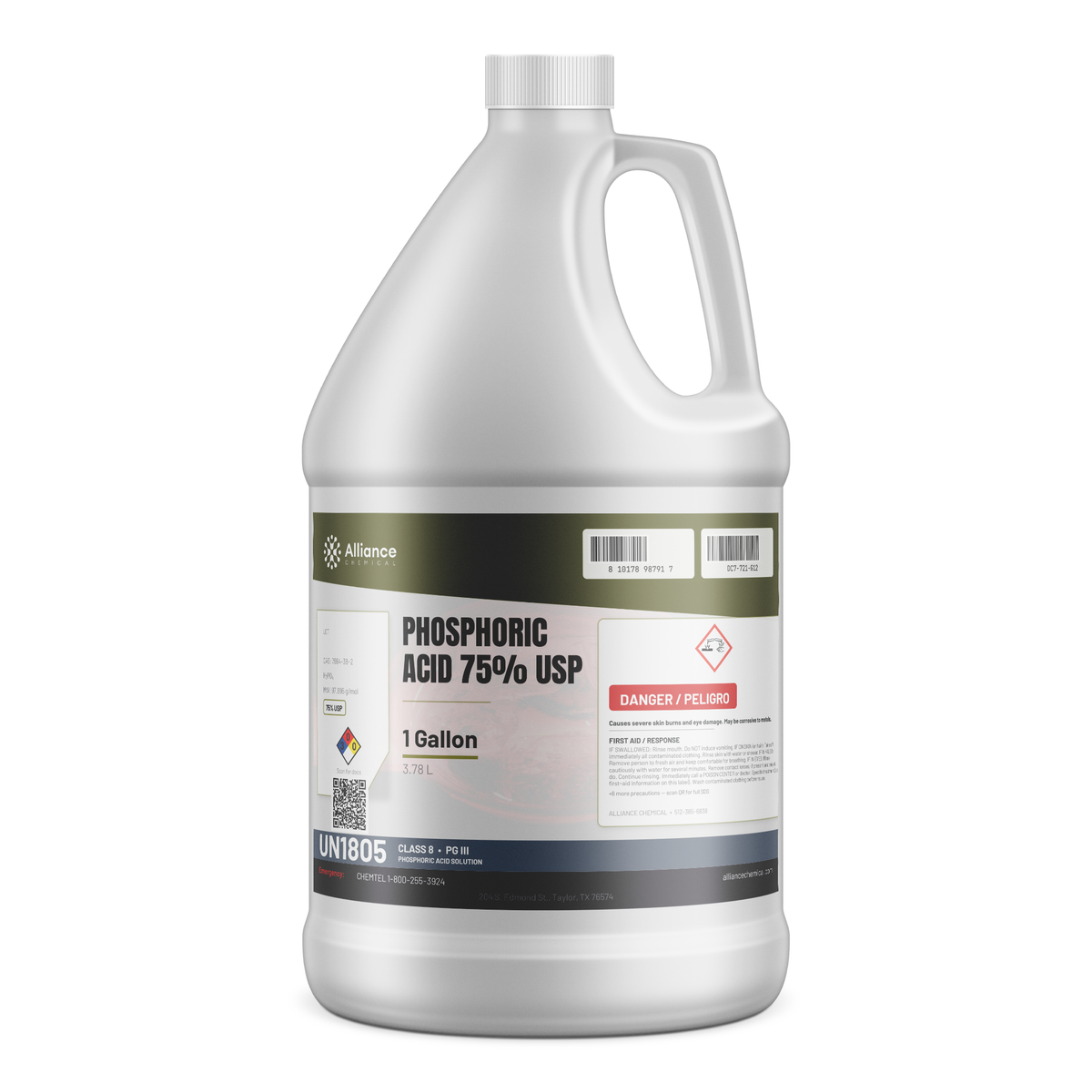 Phosphoric Acid 75% USP Food Grade 1-gallon jug for rust removal and pH neutralization, Alliance Chemical