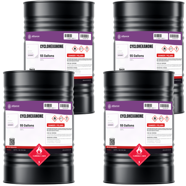 Cyclohexanone ACS Reagent Grade in four 55-gallon drums for polymer and resin formulation, Alliance Chemical