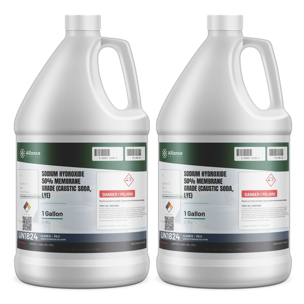 Sodium Hydroxide 50% Membrane Grade liquid solution in two 1-gallon plastic jugs from Alliance Chemical