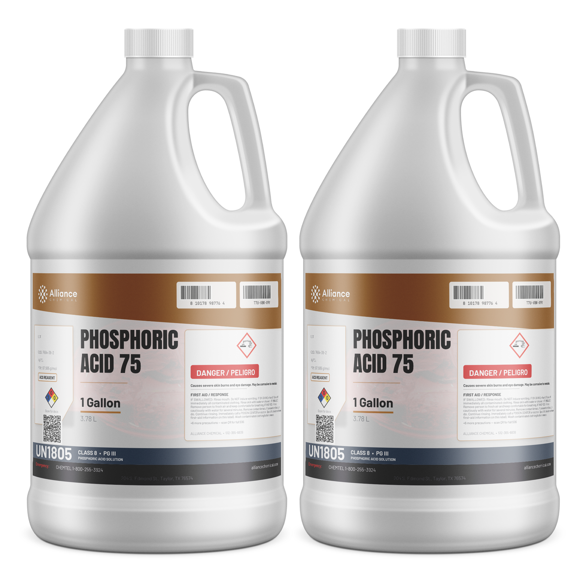 Phosphoric Acid 75% ACS Reagent Grade, two 1-gallon jugs, Alliance Chemical for metal surface etching