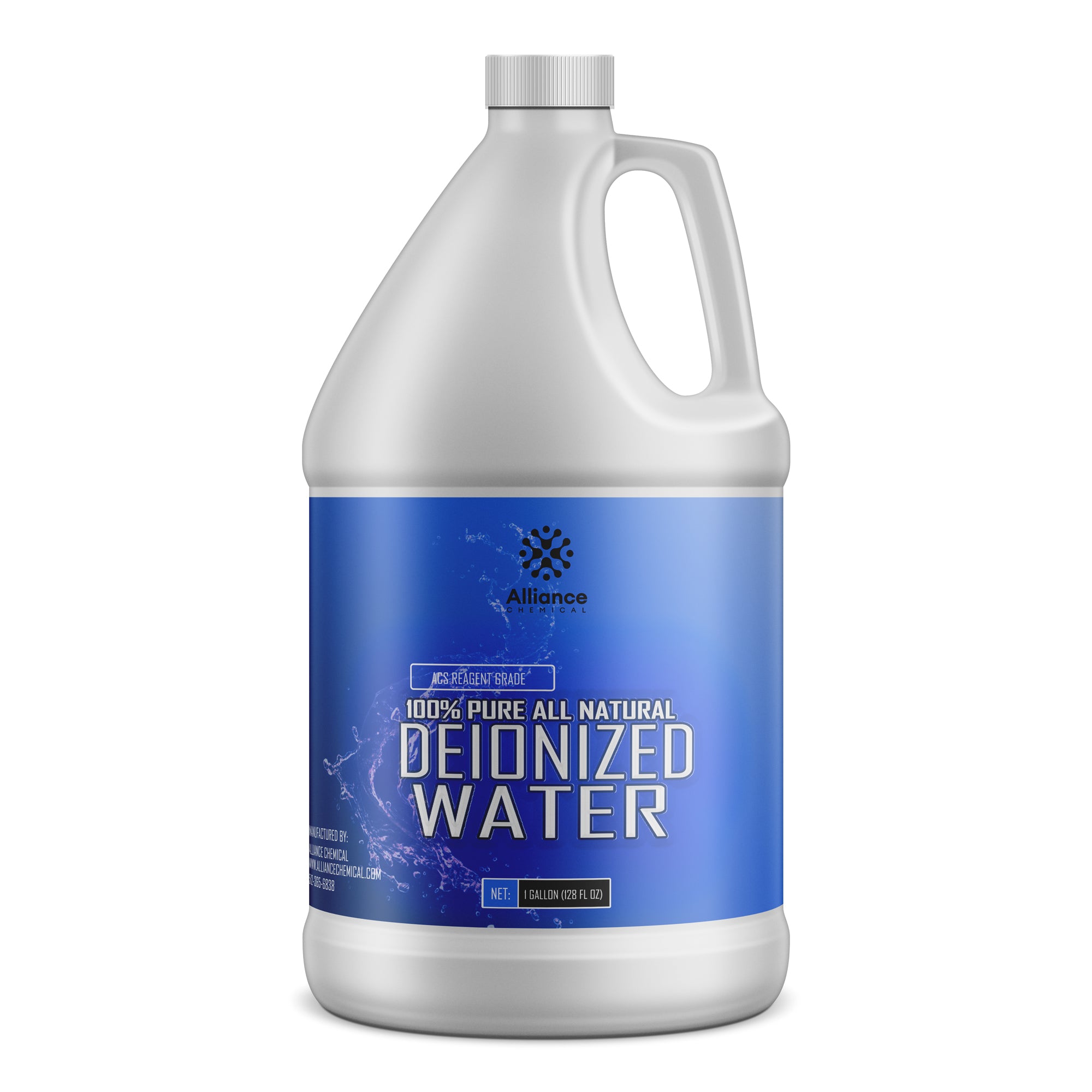 1-gallon HDPE jug of ACS reagent-grade deionized water, featuring Alliance Chemical branding in blue and white with 100% pure all-natural labeling.