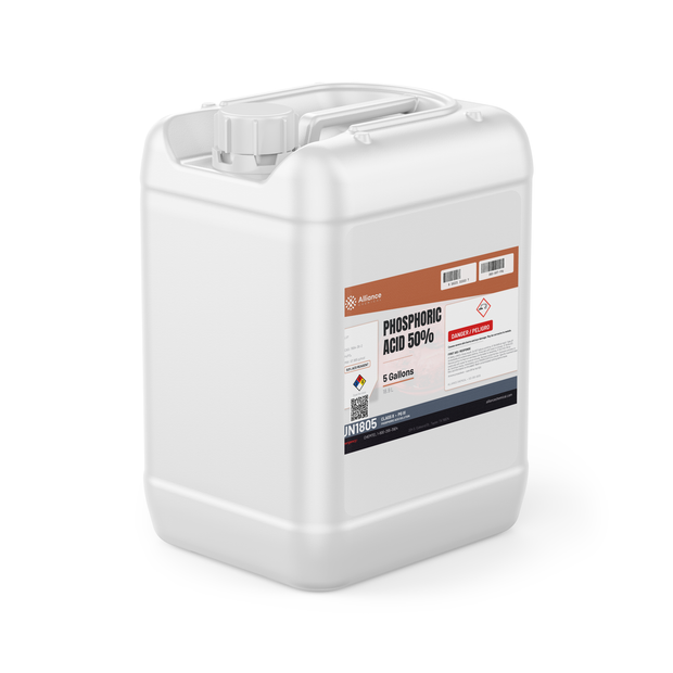 Phosphoric Acid 50% ACS Reagent Grade in a 5-gallon white plastic jerry can, Alliance Chemical