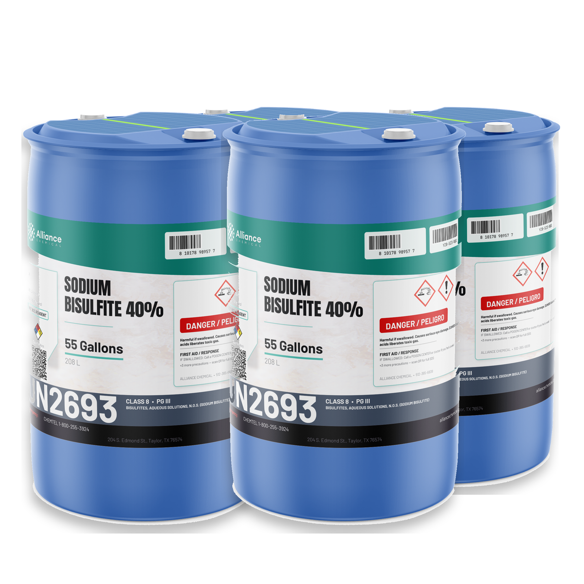 Sodium Bisulfite 40% ACS Grade in four 55-gallon drums, Alliance Chemical for wastewater dechlorination