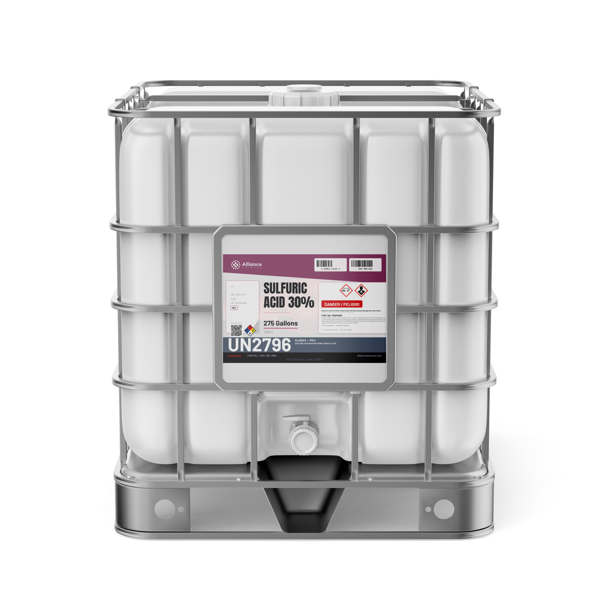 Sulfuric Acid 30% Technical Grade in a 275-gallon IBC tote for metal pickling and wastewater treatment by Alliance Chemical