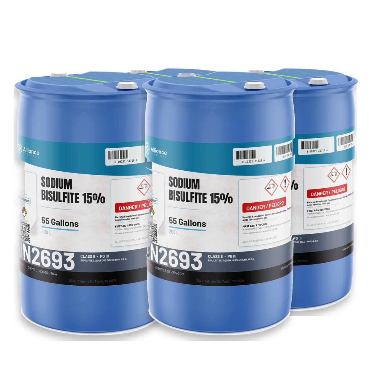 Sodium Bisulfite 15% ACS Grade four 55-gallon blue plastic drums, Alliance Chemical