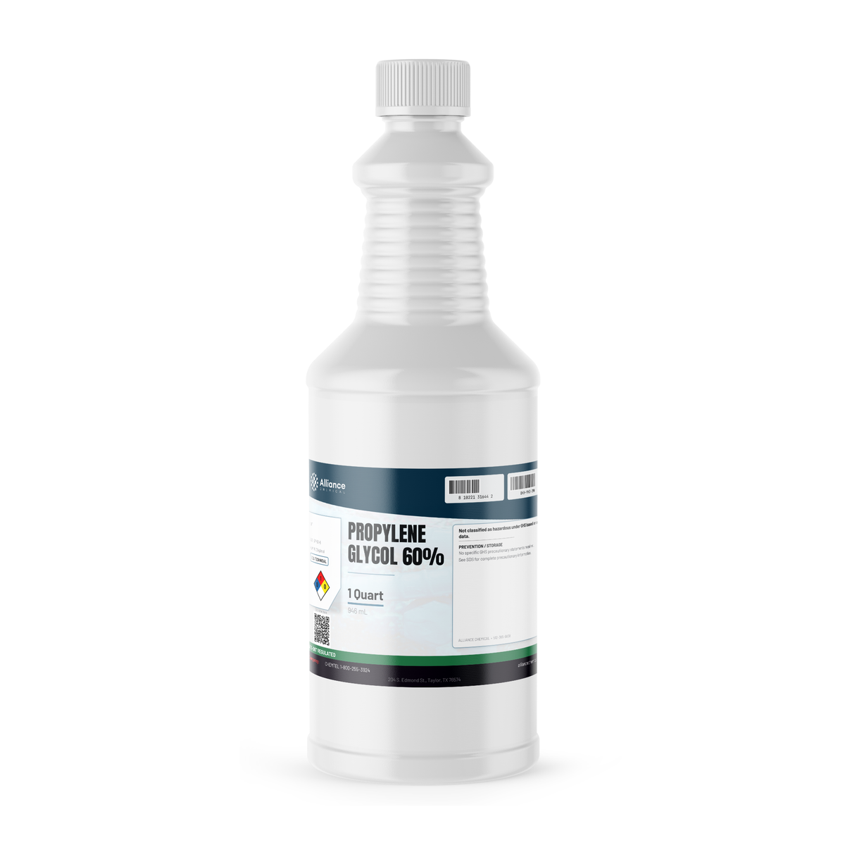 Propylene Glycol 60% Technical Grade, 1-quart white plastic bottle with screw cap, Alliance Chemical