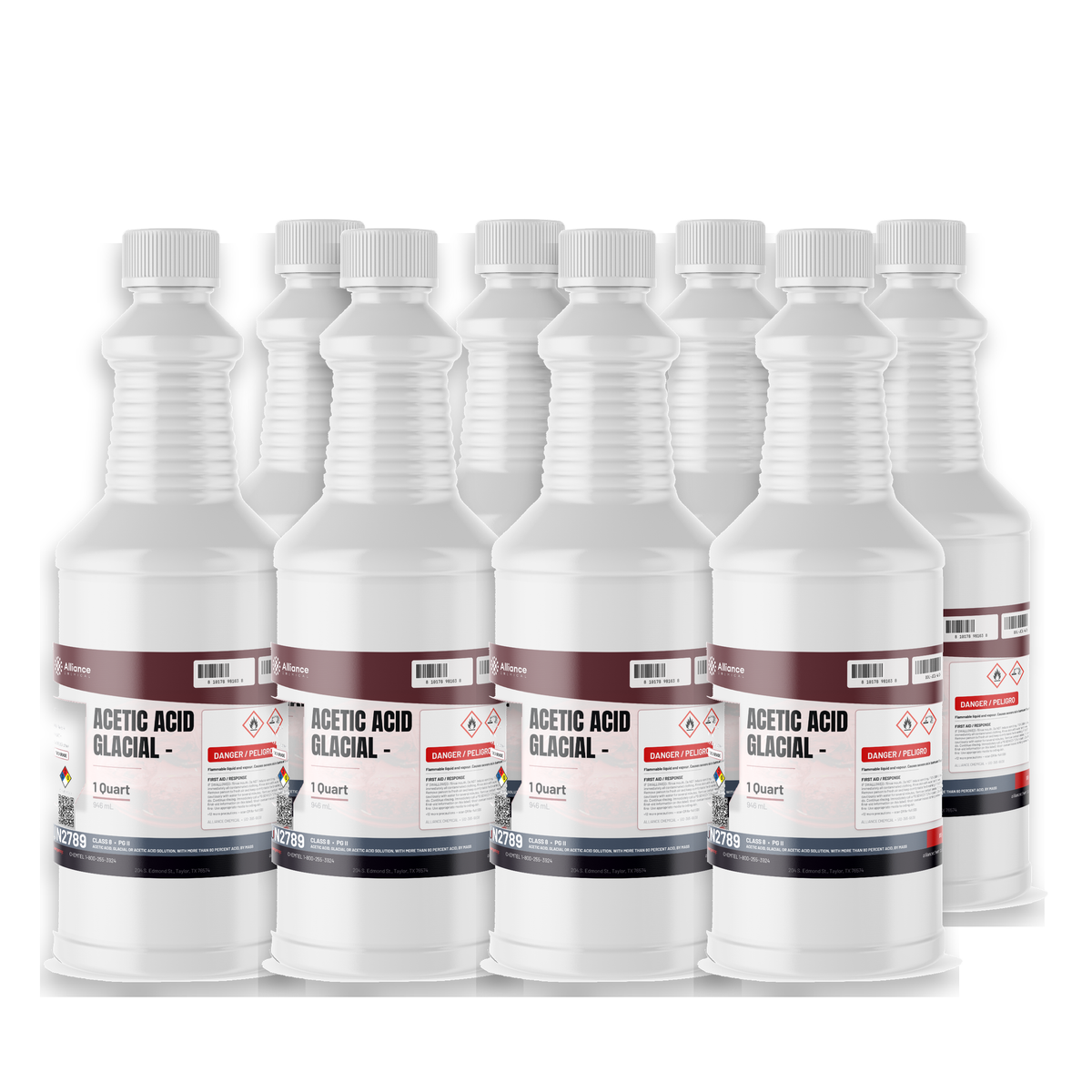 Acetic acid glacial food grade in eight 1-quart plastic bottles, Alliance Chemical