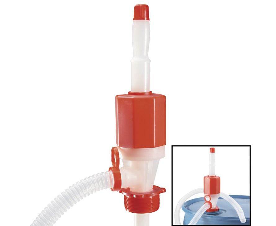 Manual siphon drum pump with red adjustable threaded bung adapter, flexible discharge hose, and chemical-resistant polyethylene construction for 15-55 gallon drums.