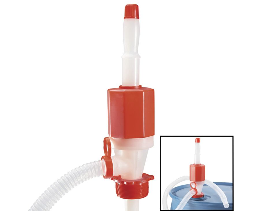 One Alliance Chemical Siphon Drum Pump with red and white plastic components and clear corrugated hose.