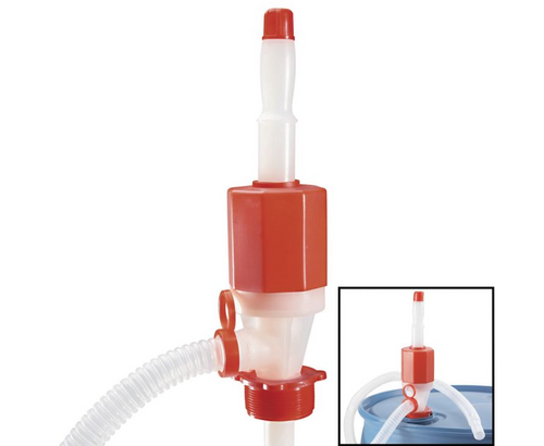 One Alliance Chemical Siphon Drum Pump with red and white plastic components and clear corrugated hose.