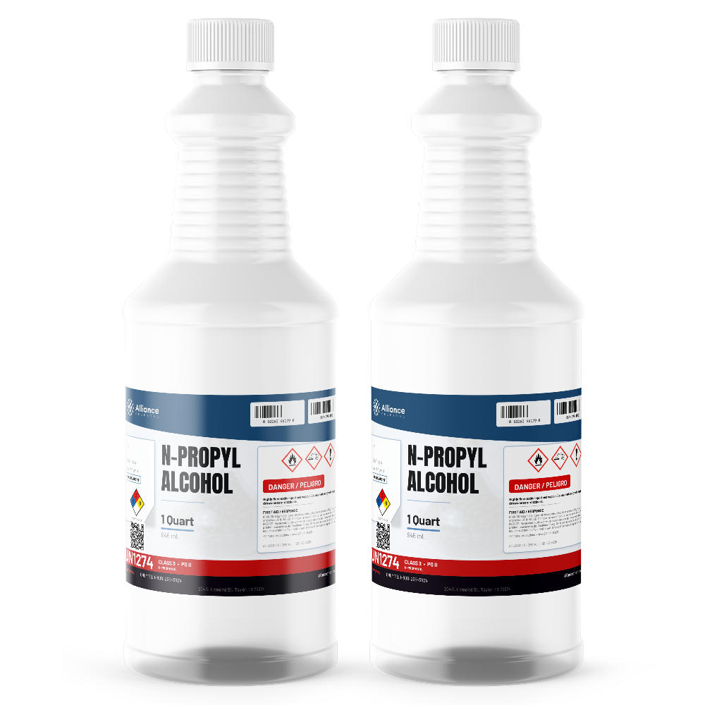 N-Propyl Alcohol ACS Grade in two 1-quart plastic bottles, Alliance Chemical for analytical chemistry and reagent preparation