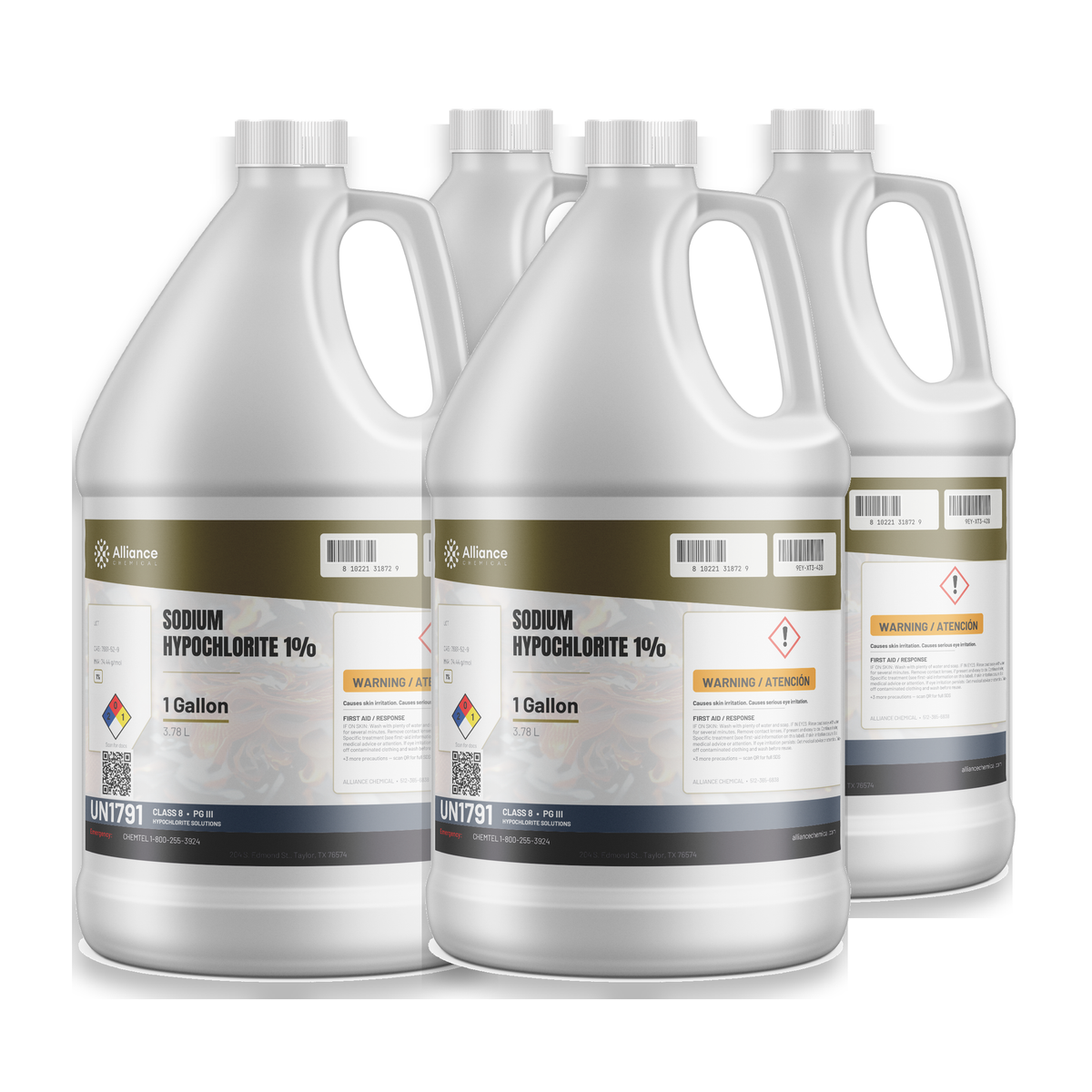 Sodium hypochlorite 1% technical grade in four 1-gallon plastic jugs, Alliance Chemical