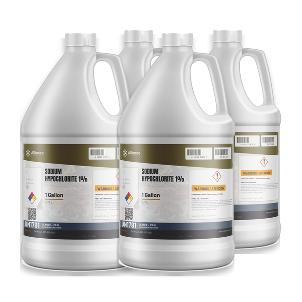 Sodium hypochlorite 1% technical grade in four 1-gallon plastic jugs, Alliance Chemical