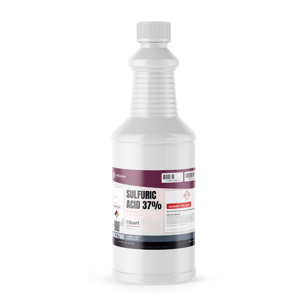 Sulfuric Acid 37% Technical Grade in a 1-quart plastic bottle from Alliance Chemical for lead-acid battery electrolyte