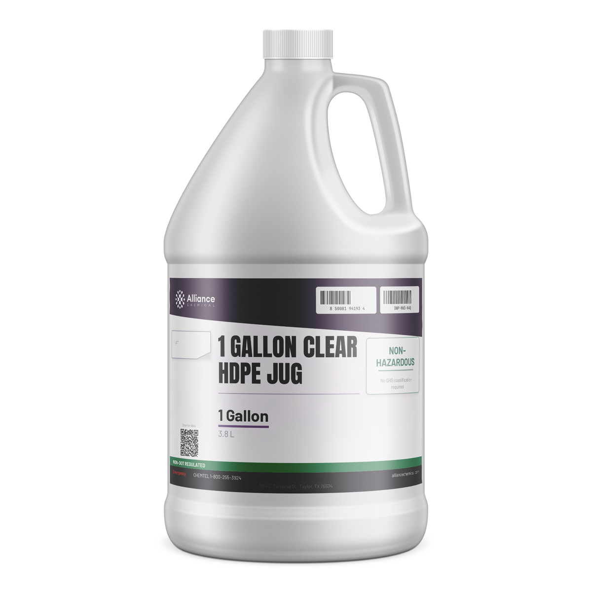 Clear HDPE liquid in a 1-gallon translucent plastic jug with white cap, supplied by Alliance Chemical
