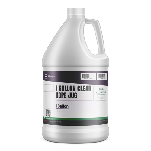 Clear HDPE liquid in a 1-gallon translucent plastic jug with white cap, supplied by Alliance Chemical