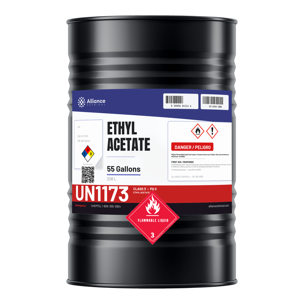 Technical grade Ethyl Acetate in a 55-gallon steel drum for industrial coatings and adhesives, Alliance Chemical