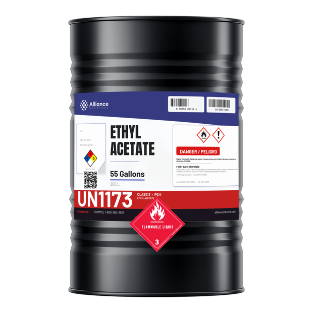 Technical grade Ethyl Acetate in a 55-gallon steel drum for industrial coatings and adhesives, Alliance Chemical