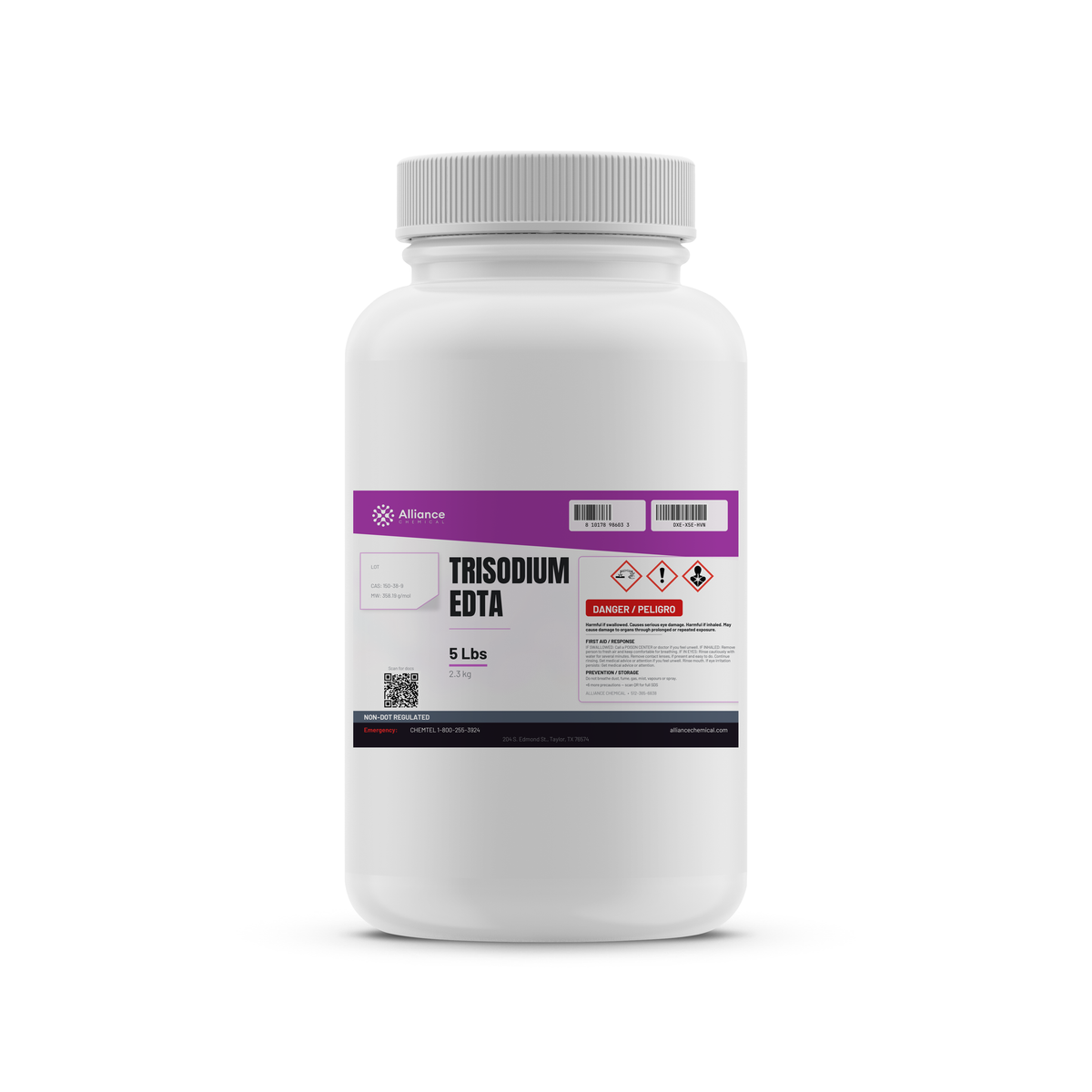 Trisodium EDTA Technical Grade in a 5-lb white plastic bottle from Alliance Chemical for metal ion sequestration