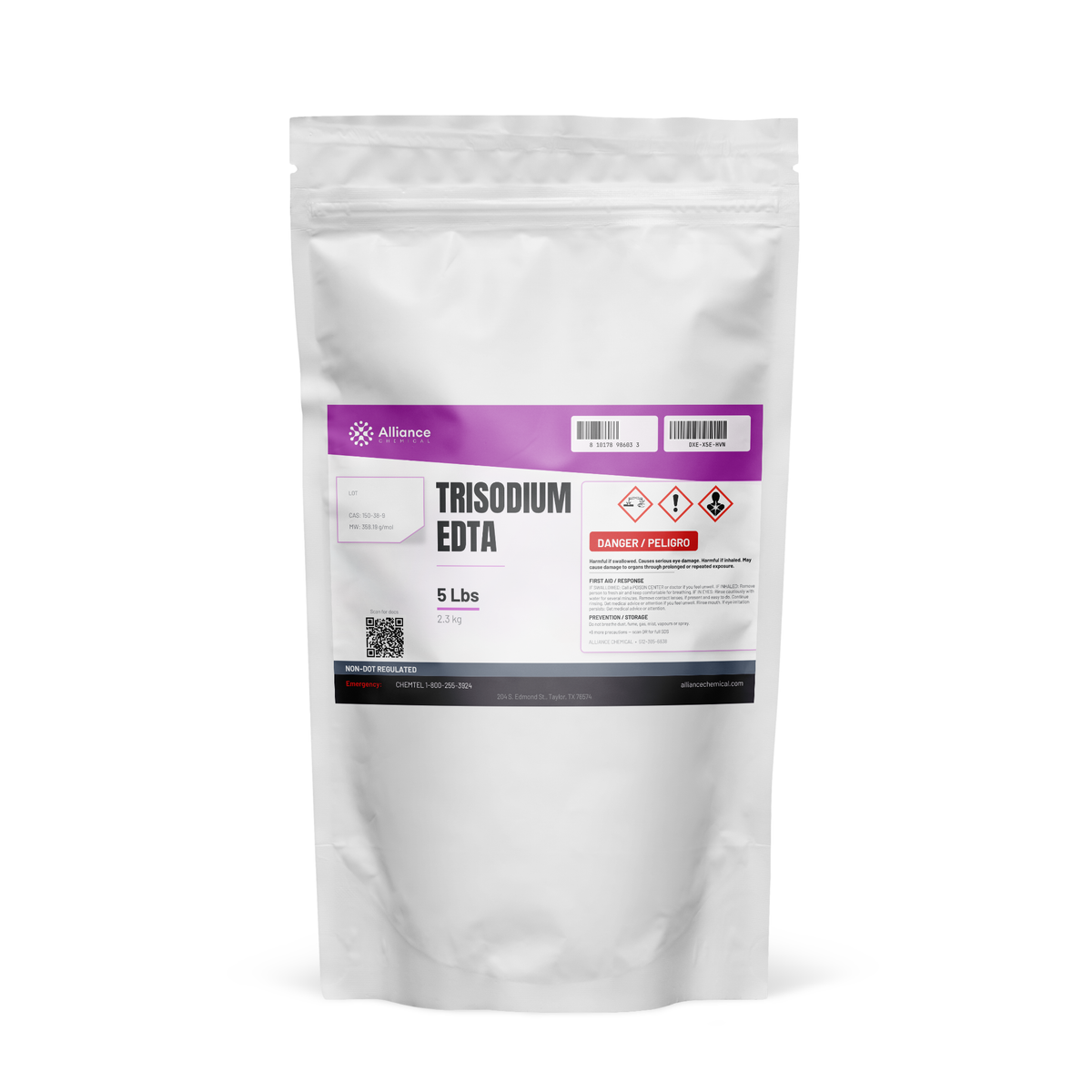 Trisodium EDTA Technical Grade 5-lb resealable stand-up pouch for water treatment and detergent blending, Alliance Chemical