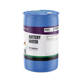 Battery Water technical grade deionized water in a 55-gallon blue plastic drum, Alliance Chemical